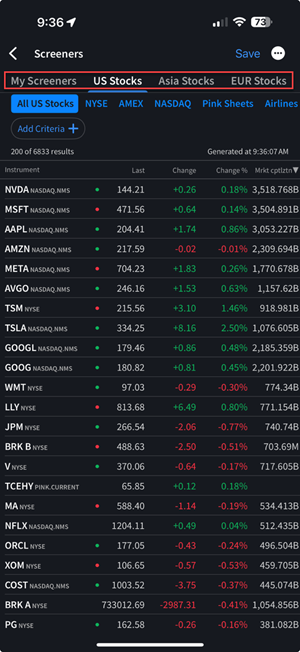 The screener parameters on the iPhone
